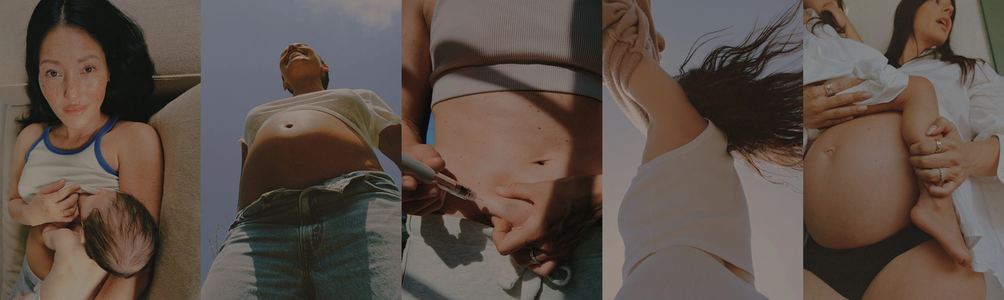 A strip of portraits of women at different stages of pregnancy and motherhood